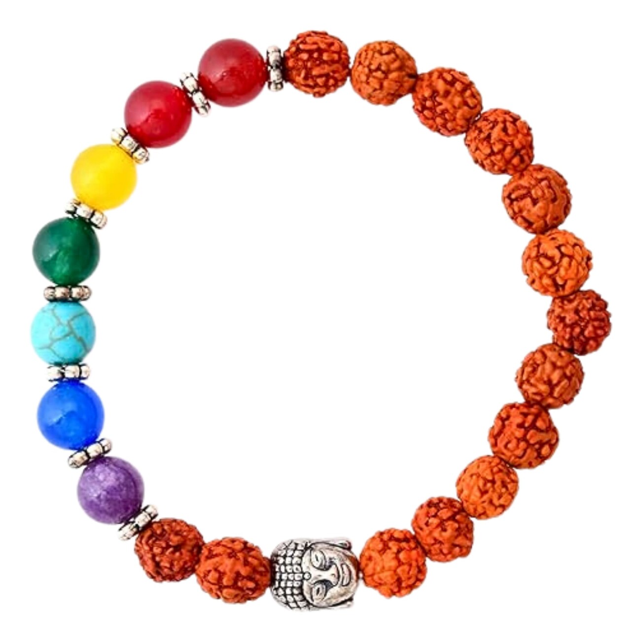 LOVENSPIRE 7 Chakra Rudraksha Bracelet with Buddha Head Natural Crystal Healing Stone Beaded Stretch Bracelet for Yoga Meditation Prayer Jewelry Gift for Men Women
